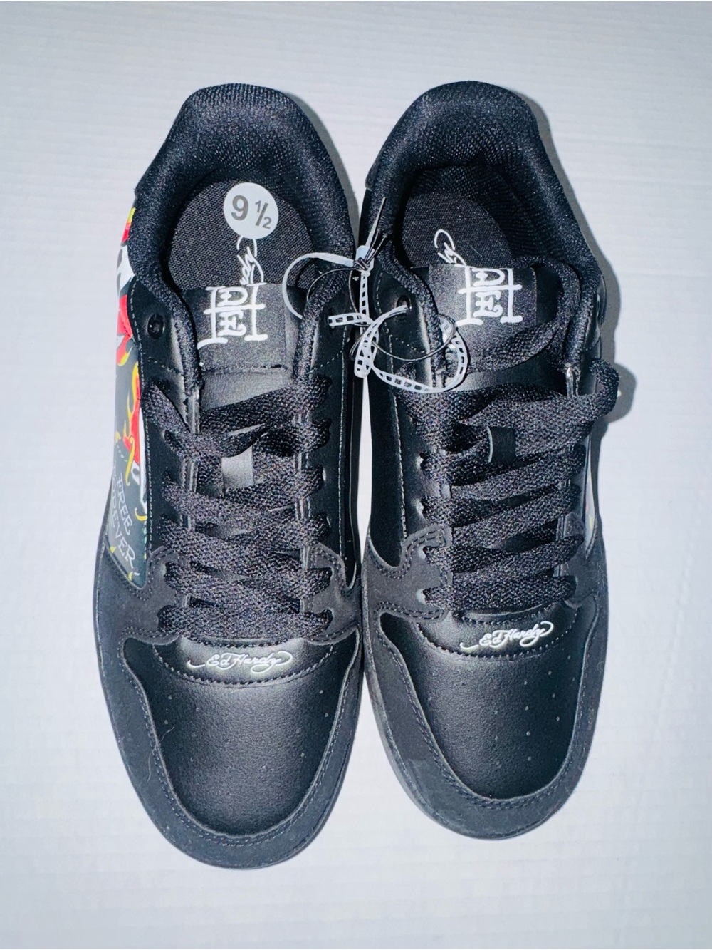 Ed Hardy men’s  Black Sneakers with  Red & Yellow Skull Flames  sz 9.5 BNWT
